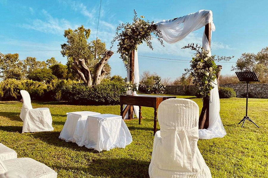Backyard small intimate wedding ceremony under a simple fabric arch