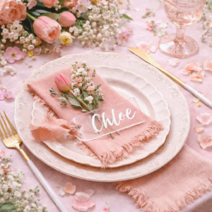 Acrylic wedding place cards with pink ribbon for table settings