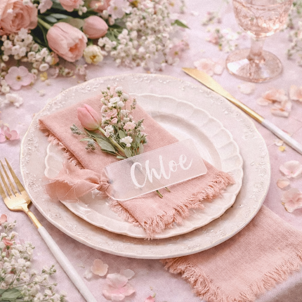 acrylic wedding place card with pink ribbon