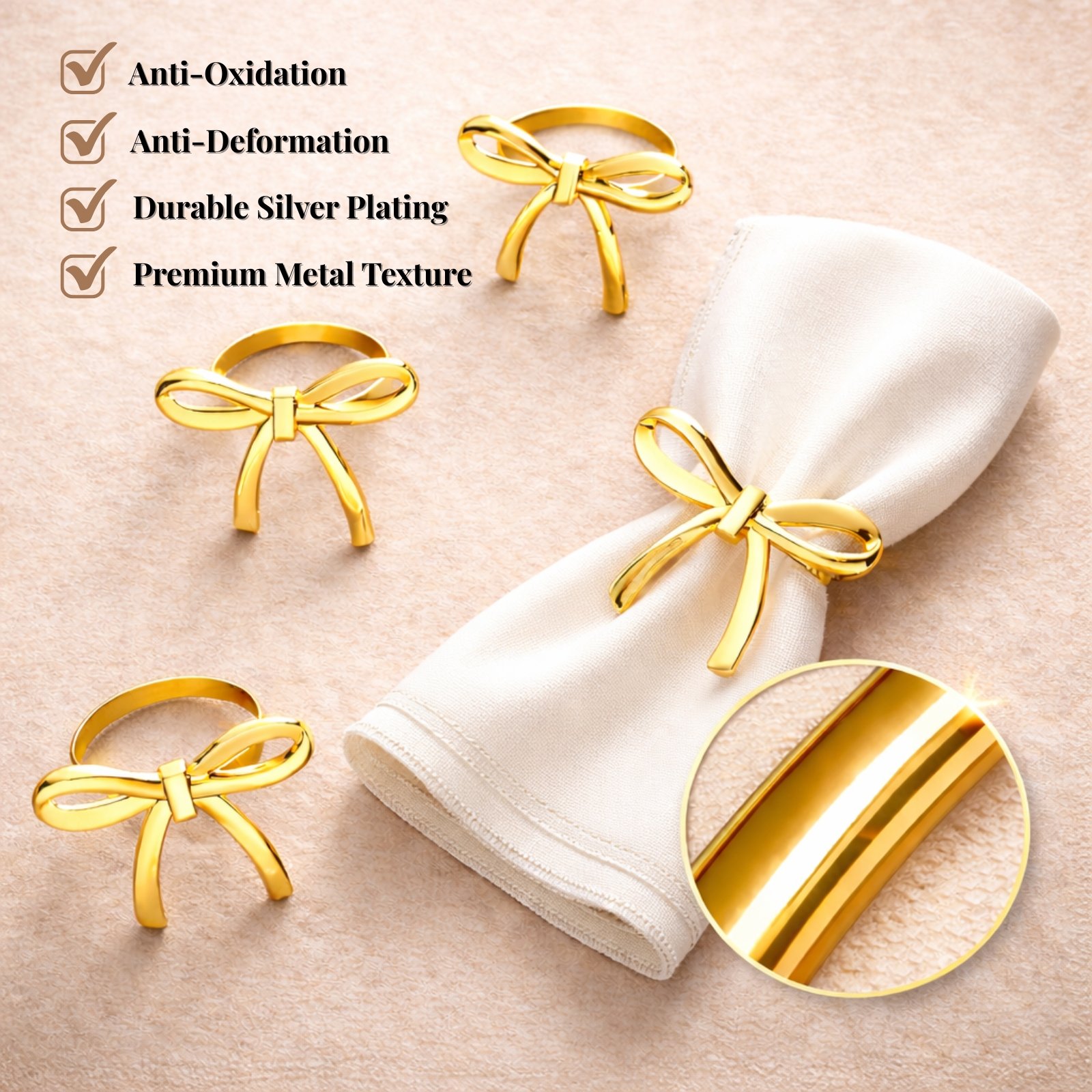 Gold Bow Napkin Rings features