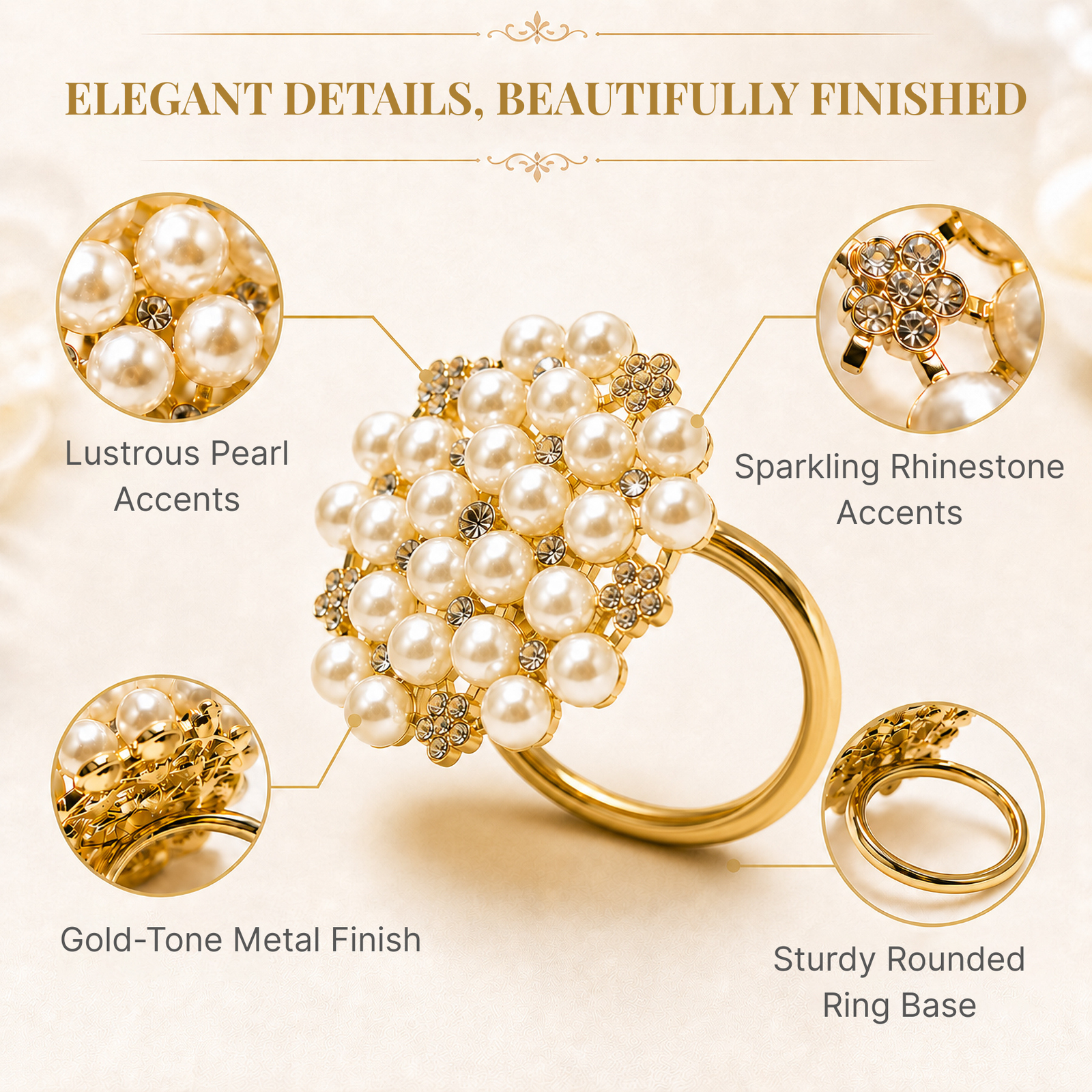 Gold Pearl Napkin Rings Set of 12 - Image 6