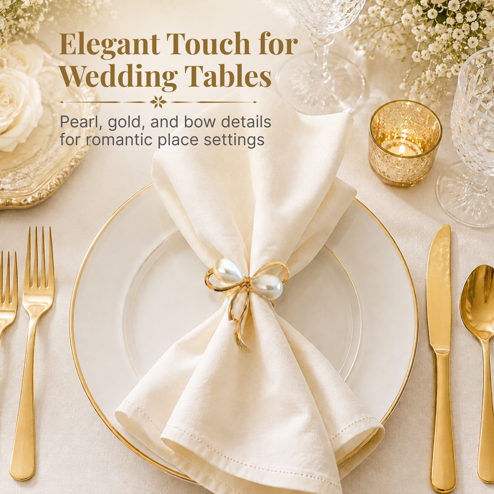 Gold Bow Pearl Napkin Rings Set of 12 - Image 2