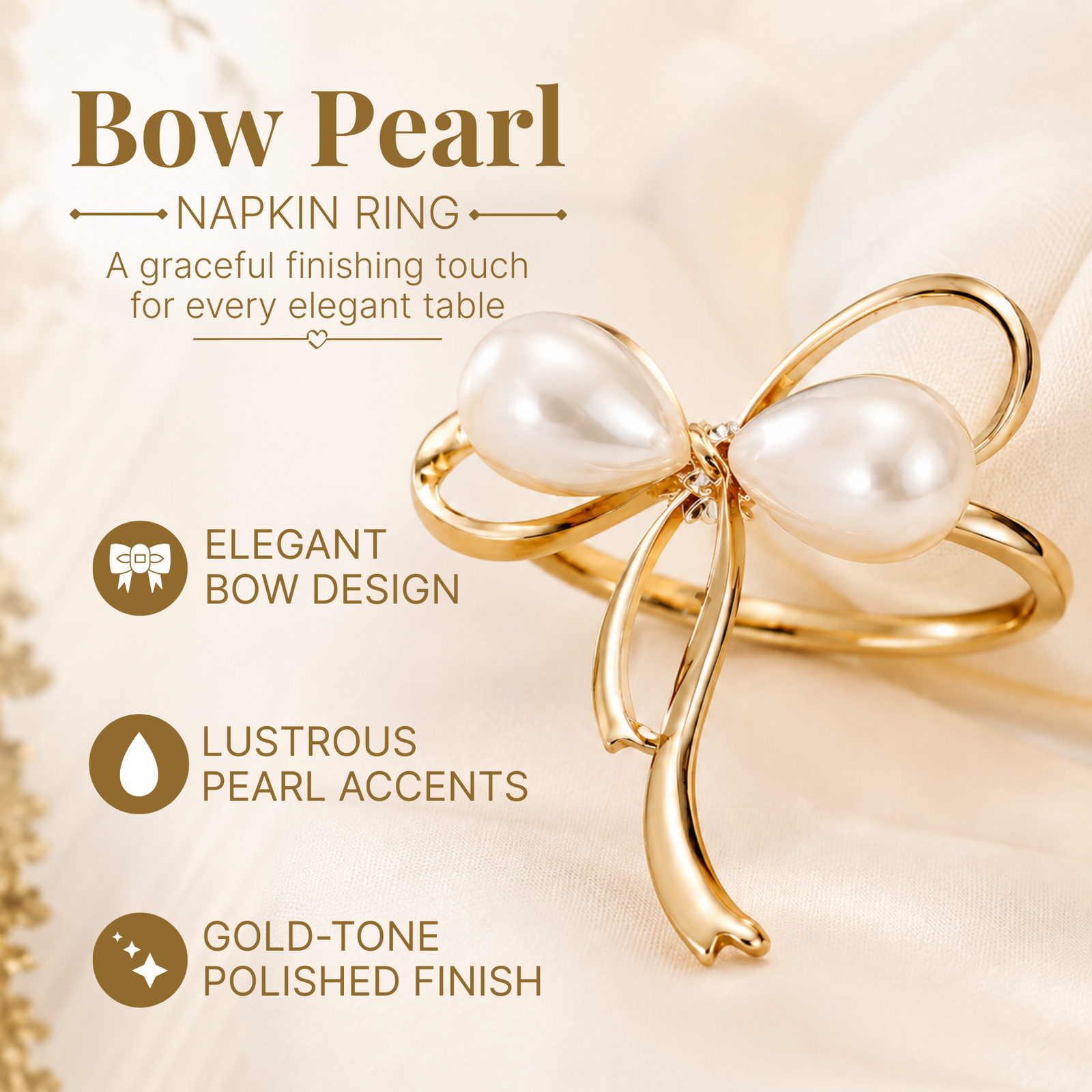 Gold Bow Pearl Napkin Rings Set of 12 - Image 3