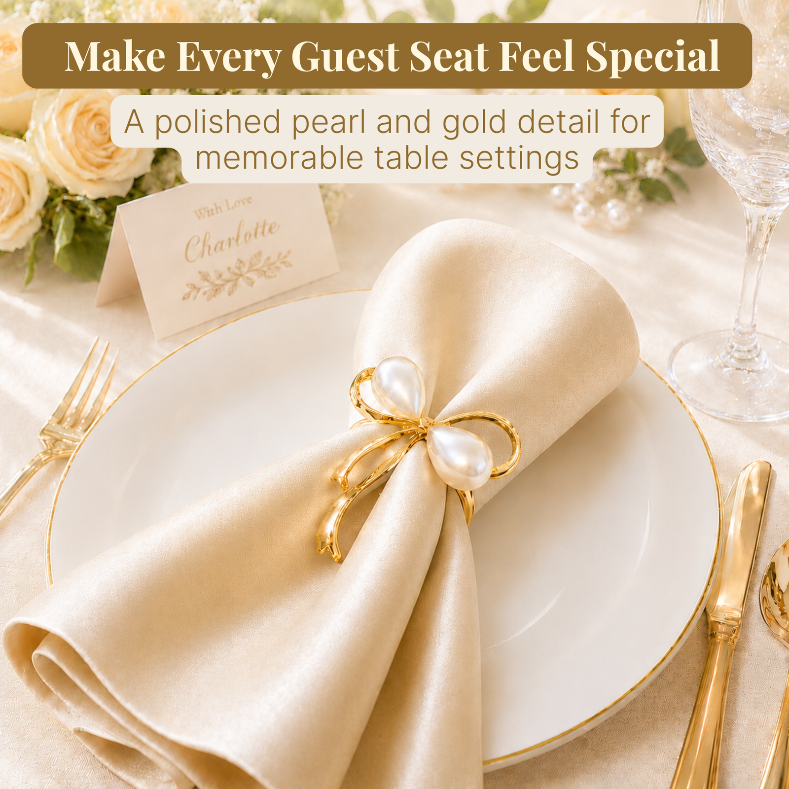Gold Bow Pearl Napkin Rings Set of 12 - Image 6