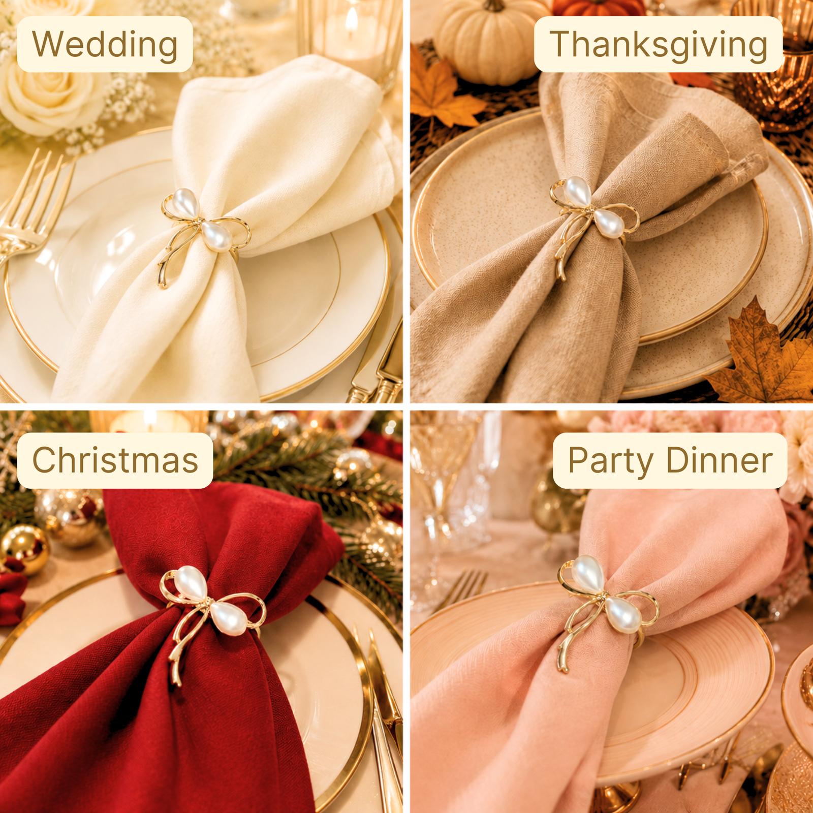 Gold Bow Pearl Napkin Rings Set of 12 - Image 7