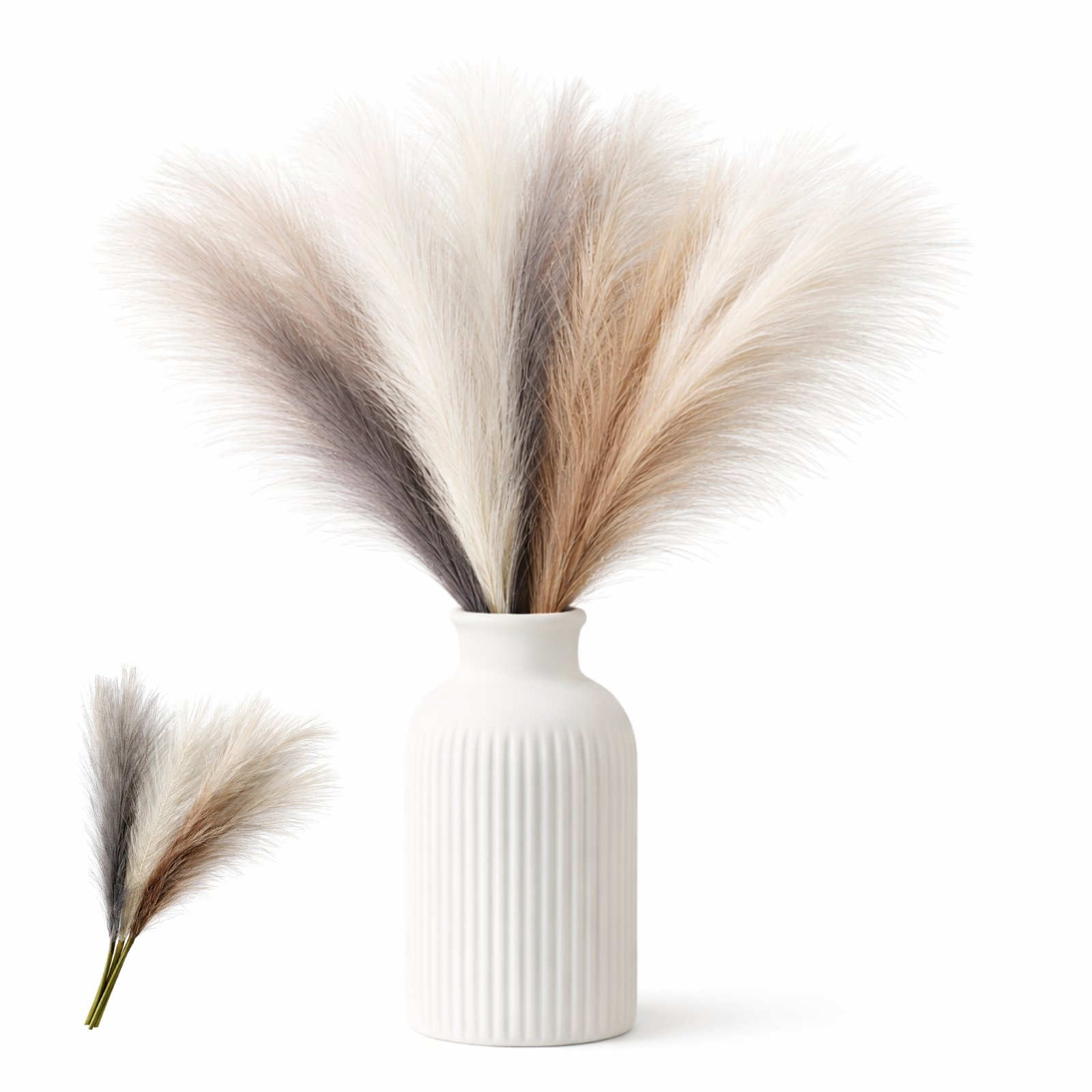 Artificial pampas grass stems in neutral mixed colors arranged in a small vase for wedding and home decor