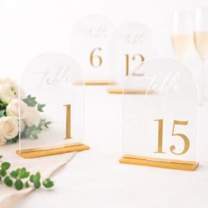 Acrylic wedding table numbers 1 to 15 with gold numbers and stands