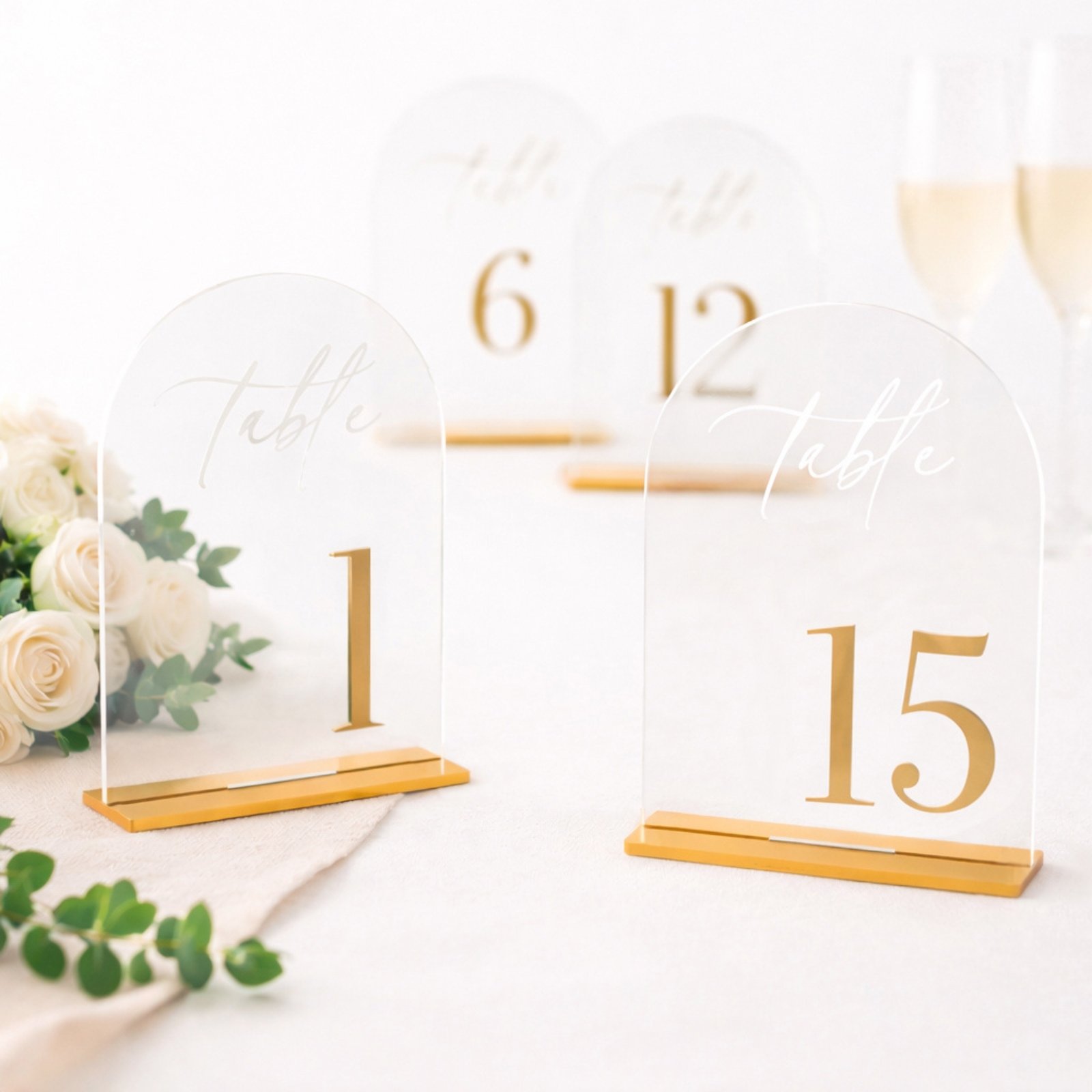 Acrylic wedding table numbers 1 to 15 with gold numbers and stands