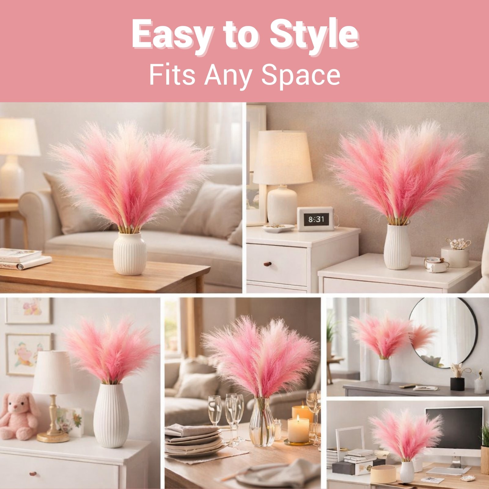 Artificial Pampas Grass Stems Set of 9 – Pink and White Mixed Colors - Image 6