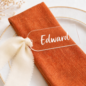 Clear Acrylic Wedding Place Cards with Cream Ribbon